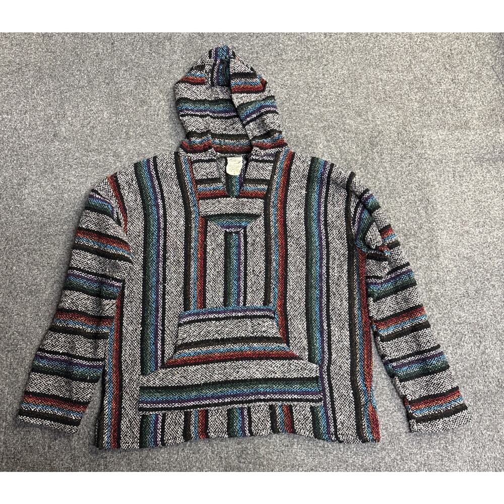 VTG Franks Textiles Baja Hoodie Poncho Sweater Multicolor Striped Size L Boho